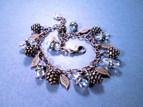 Copper Charm Bracelet, Pine Cones Leaves and Glass Beaded Bracelet, FREE Shipping U.S.