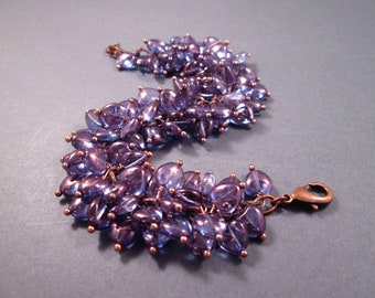 Purple Luster Heart Bracelet, Cha Cha Style Bracelet, Wire Wrapped Copper Charm Bracelet, FREE Shipping