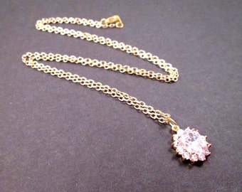 Cubic Zirconia Necklace, White Rhinestone Oval Pendant, Gold Chain Necklace, FREE Shipping