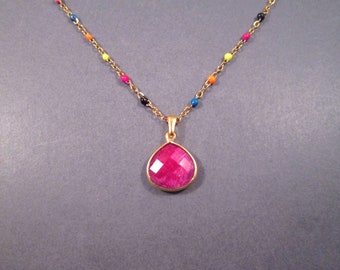 Natural Ruby Gemstone Necklace, Teardrop Stone Bezel, Rainbow Beaded Gold Chain Necklace, FREE Shipping