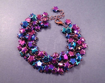 Star Cha Cha Bracelet, Purple and Blue Electroplated Glass Beaded, Copper Charm Bracelet, FREE Shipping