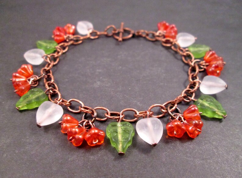 Flower Charm Bracelet, Orange Blossoms, Colorful and Copper Beaded Bracelet, FREE Shipping image 2