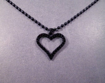 Black Pave Heart Pendant Necklace, Glass Stones and Gunmetal Silver Ball Chain Necklace, FREE Shipping