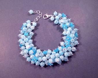 Flower Cha Cha Bracelet, Blue Crackle Glass Beaded Bracelet, Silver Charm Bracelet, FREE Shipping