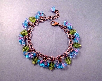 Copper Charm Bracelet, Glass Beaded Bracelet, Blue and Pink Bell Flowers with Green Leaves, Beaded Chain Bracelet, FREE Shipping