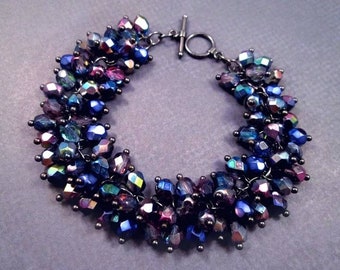 Cha Cha Style Bracelet, Purple and Indigo Blue Mirrored Glass Beaded, Gunmetal Silver Charm Bracelet, FREE Shipping