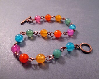 Gemstone Bracelet, Crackle Quartz Color Mix, Copper Beaded Chain Bracelet, FREE Shipping