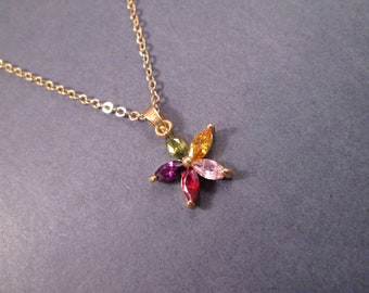 Star Flower Pendant Necklace, Gold Chain Necklace, Rainbow Cubic Zirconia Necklace, FREE Shipping