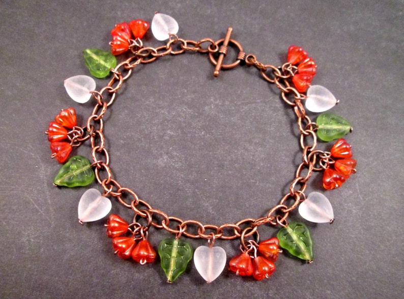 Flower Charm Bracelet, Orange Blossoms, Colorful and Copper Beaded Bracelet, FREE Shipping image 4