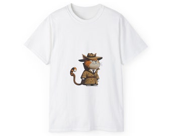 May include: White t-shirt with a cartoon illustration of a cat wearing a detective hat and trench coat.
