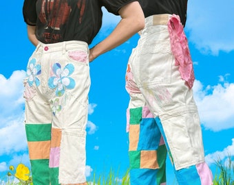 Upcycled Colourful Colourblock Garden Art Embroidered Cargo Jeans - 32 w 30 inseam - Altered Floral Lacey with Flower Applique