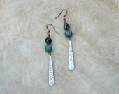 Faceted African Turquoise Gemstone Bead and Hammered Aztec Paddle Charm Earrings