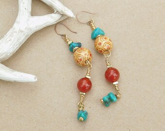 Beautiful Carnelian and Turquoise Dangling Earrings