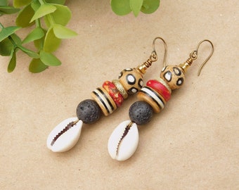 Black Lava and Batik Bone Bead Cowrie Shell Earrings