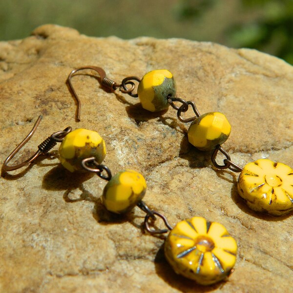 Yellow Czech Flower Earrings