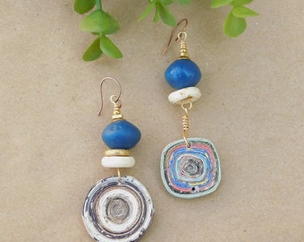 Blue Java Bicone and Paper Bead Earrings