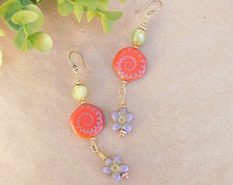 Laser Etched Ammonite on Coral and Flower Czech Bead Earrings