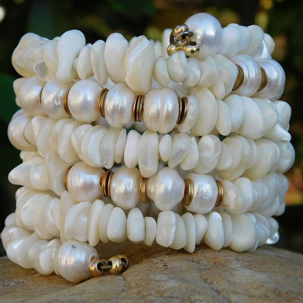 Mother of Pearl Shell and Natural Ivory Pearl Bangle