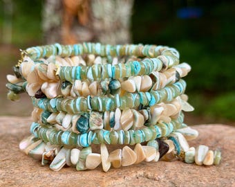 Green &and Tan Turbo Shell Bangle • Sea Green Shell Heishi Bracelet • Beachy Wrap and Go Shell Jewelry