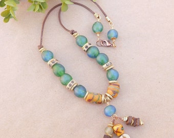 Blue Green Recyled Glass Bead Necklace