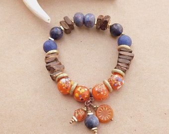 Orange Lampwork and Lapis Gemstone Bracelet