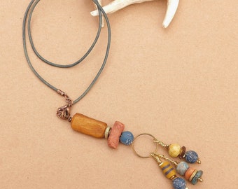 African Sandcast and Recycled Glass Beads Pendant Necklace