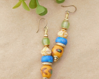 Yellow Krobo, Czech and Green Recycled Glass Bead Earrings