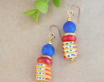 Matte Lapis and Yellow Krobo Earrings