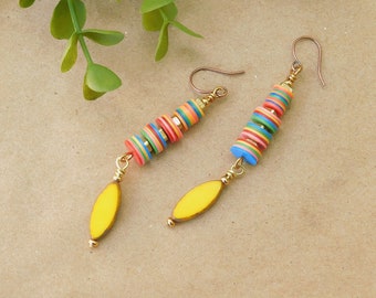 Colorful Vinyl Disc and Yellow Czech Earrings