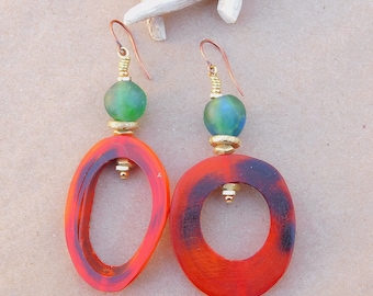 Natural Horn and Blue Green Recycled Glass Hoop Earrings