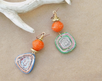 Orange Java Bicone and Paper Bead Earrings