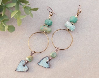 Enamel Heart Charm Hoop Earrings