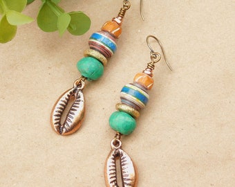 Paper Bead and Stoneware Clay Cowrie Charm Earrings