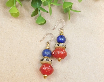 Red Java and Lapis Gemstone Earrings