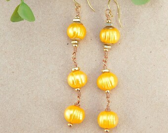 Saffron Yellow Dangling Pearl Earrings