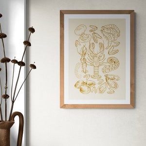 Impresión de arte digital de mariscos, póster descargable, arte de pared, ilustración elegante, clásica y colorida, decoración sencilla de pescado para el comedor de la cocina