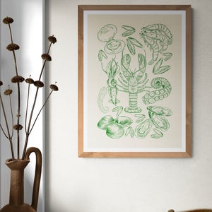 Impresión de arte digital de mariscos, póster descargable, arte de pared, ilustración elegante, clásica y colorida, decoración sencilla de pescado para el comedor de la cocina