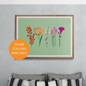 May include: A framed print of a botanical illustration featuring a variety of flowers in shades of pink, orange, and red on a light green background. The text "OTHER COLOURS AVAILABLE!" is printed in orange below the image.
