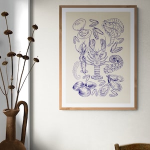 Impresión artística de mariscos / póster de descarga digital / arte de pared / ilustración colorida, clásica, elegante, limpia y con clase / Decoración de cocina sencilla