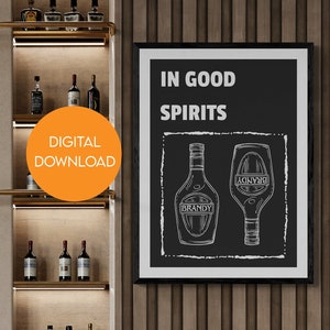 Brandy bar cart digitale kunstprint, bord sterke drankfles, downloadbare poster kunst aan de muur voor mannen, keukenbar alcohol, mannelijk afdrukbaar decor