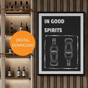 Wodka bar cart digitale kunstafdruk, drankfles teken, downloadbare poster kunst aan de muur voor mannen, keukenbar alcohol grappig, mannelijk decor