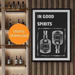 Rumbar cart digitale kunstprint, decorbord sterke drankfles, downloadbare poster, kunst aan de muur voor mannen, keukenbar alcohol, mannelijk afdrukbaar