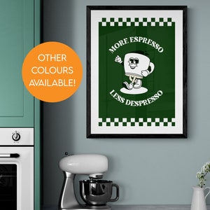 Impresión artística "Más espresso, menos depresso" / Póster A5 / A4 / Arte de pared / Dibujos animados retro divertidos, brillantes y coloridos / Cafetería de cocina