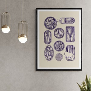 Impresión artística digital de la noche del pescado enlatado, póster descargable, ilustración elegante, clásica y colorida, arte de pared, decoración de cocina sencilla