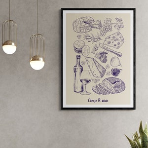 Impresión de arte digital de queso y vino, póster descargable digital, ilustración clásica y elegante colorida para pared, decoración de cocina sencilla