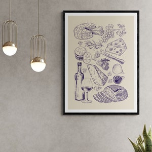 Impresión de arte digital de queso y vino, póster descargable digital, ilustración clásica y elegante colorida para pared, decoración de cocina sencilla