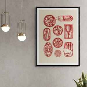Impresión artística digital de la noche del pescado enlatado, póster descargable, ilustración elegante, clásica y colorida, arte de pared, decoración de cocina sencilla