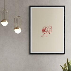 Impresión de arte digital de queso y vino, póster descargable digital, ilustración clásica y elegante colorida para pared, decoración de cocina sencilla
