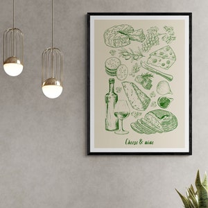 Impresión de arte digital de queso y vino, póster descargable digital, ilustración clásica y elegante colorida para pared, decoración de cocina sencilla