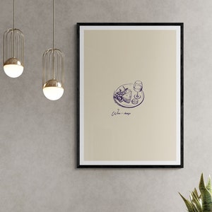 Impresión de arte digital de queso y vino, póster descargable digital, ilustración clásica y elegante colorida para pared, decoración de cocina sencilla